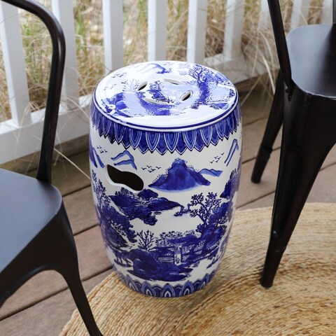Claybarn Blue Garden Porcelain 11" Decorative Landscape Stool - 10.75 x 10.75 x 16