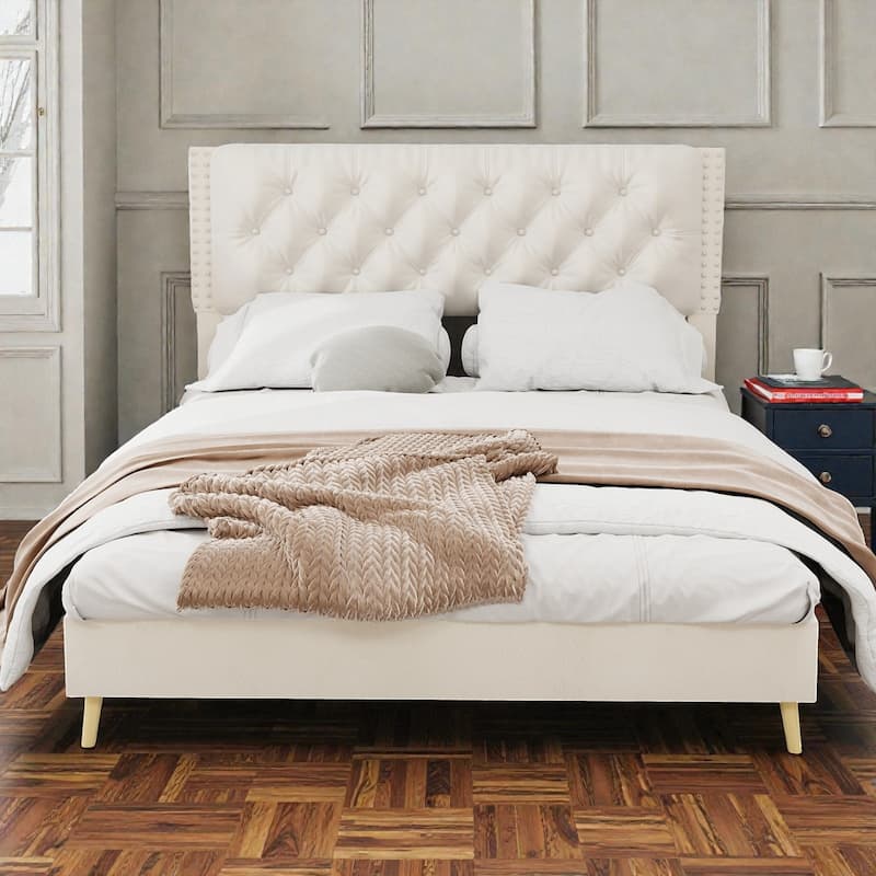 Suede Velvet Upholstered Bed Frame with Tufted Headboard, Soft Platform Bed for Master Bedroom - Beige - Queen
