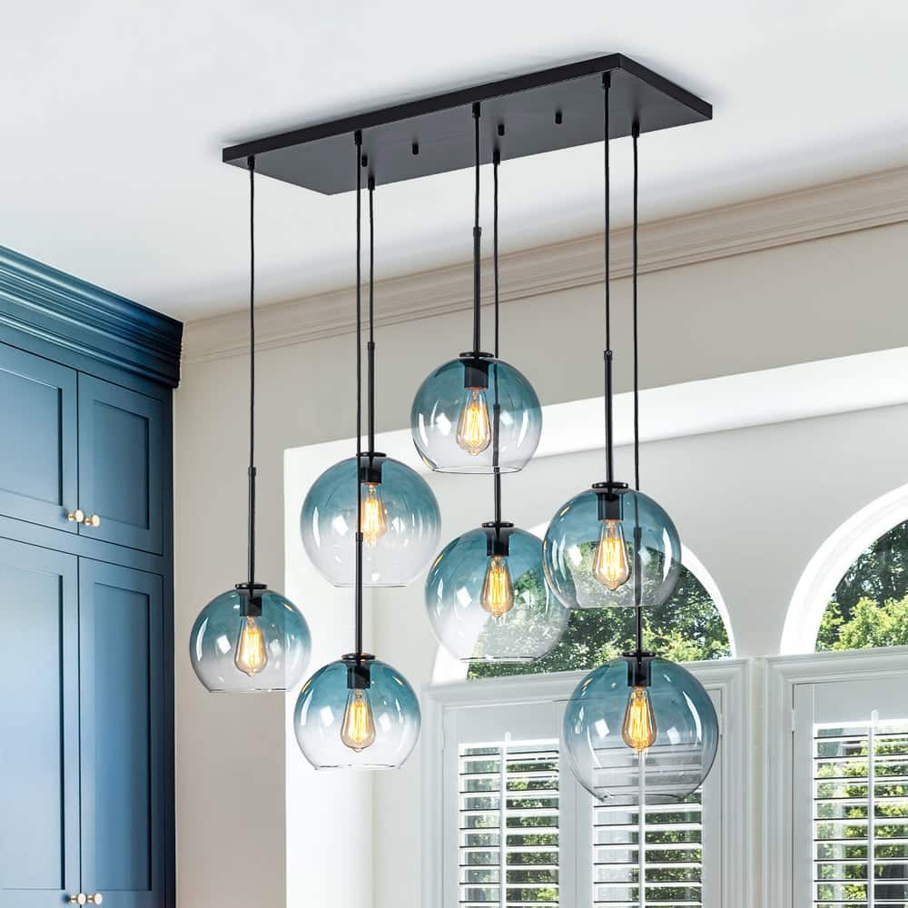 Glam 7-Light Tinted Gradual Blue Glass Globe Kitchen Island Chandelier
