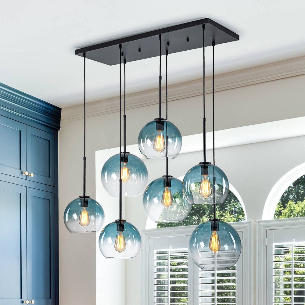Glam 7-Light Tinted Gradual Blue Glass Globe Kitchen Island Chandelier
