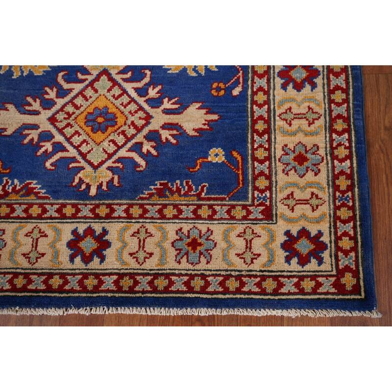 Blue Geometric Kazak Accent Rug Hand-Knotted Oriental Wool Carpet - 3'5" x 4'11"