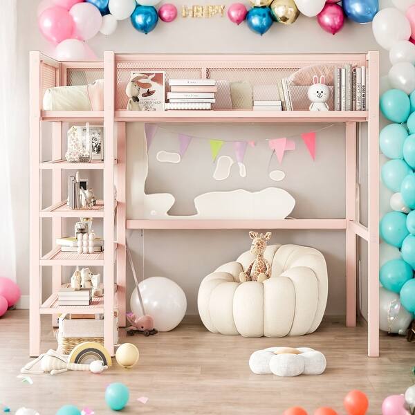 slide 2 of 30, Full Size Metal Loft Bed with 4-Tier Shelves and Storage, Pink Pink