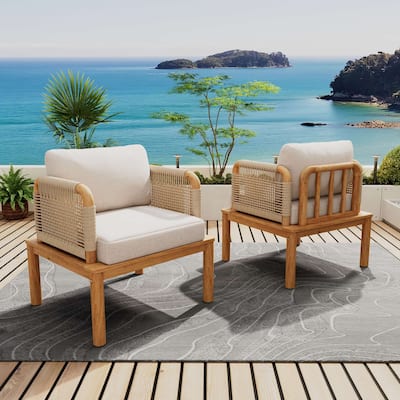 Set of 2 Outdoor Acacia Wood and Rope Club Armchairs with Cushions - 2-Piece