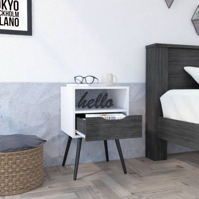 Smokey Oak and White Nightstand with Drawer and Shelf