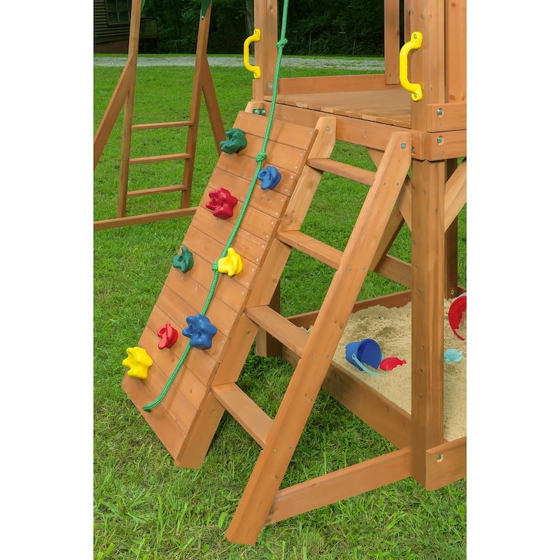 Mountain View Swing Set with Tarp Roof, Climbing Wall, Monkey Bars