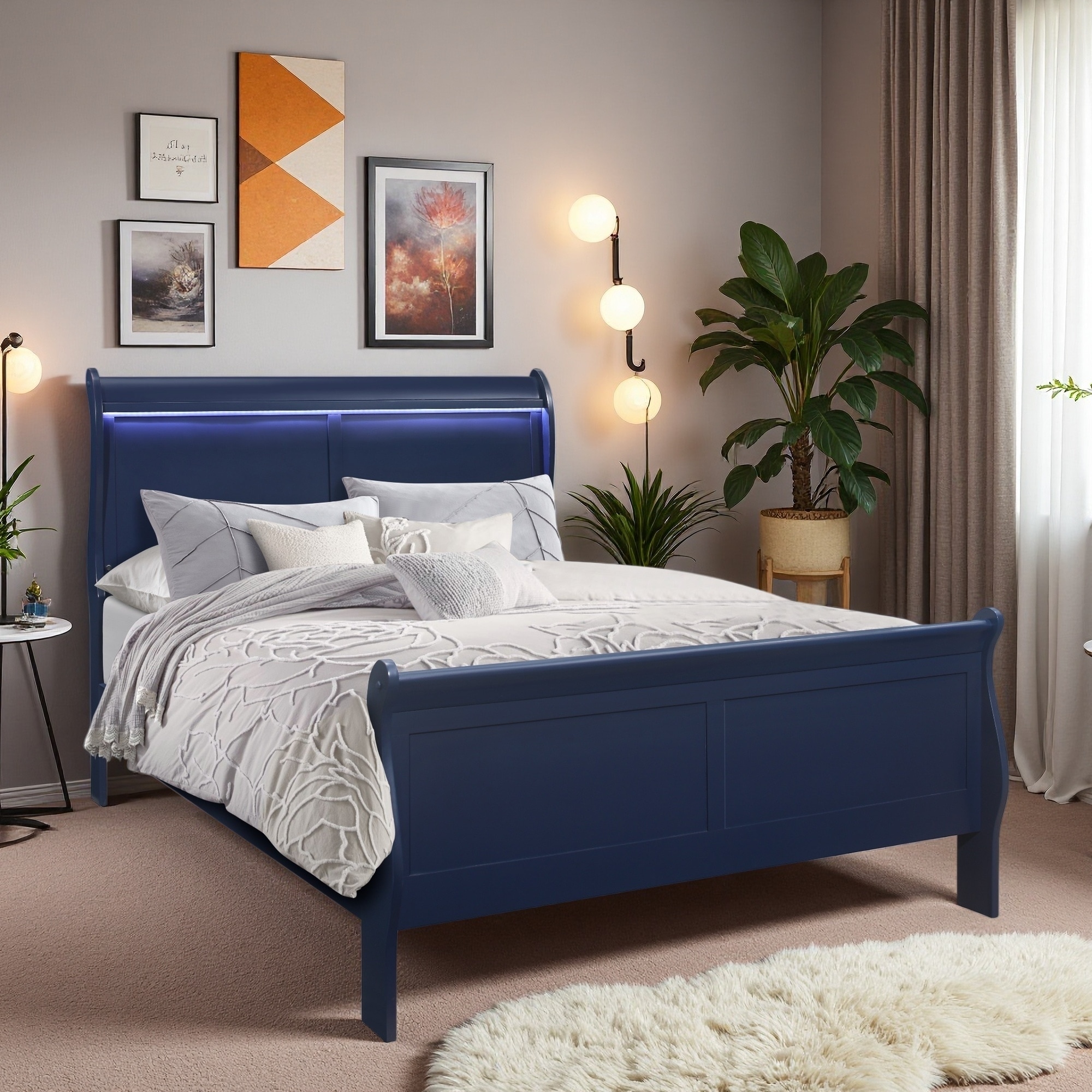 Full Size Solid Wood Sleigh Bed with LED Headboard