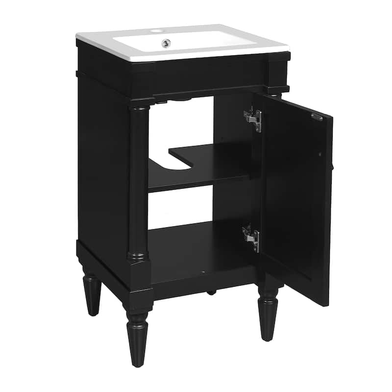 Retro Compact Bathroom Vanity Cabinet Simple Freestanding Single Sink Cabinet with Adjustable Shelf and Black Metal Pull