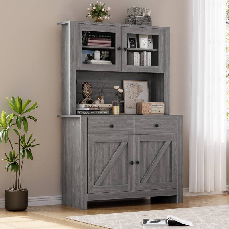 Kitchen Pantry Storage Cabinet, Freestanding Hutch Cabinet with Buffet Cupboard, Tall Storage Cabinets - Grey