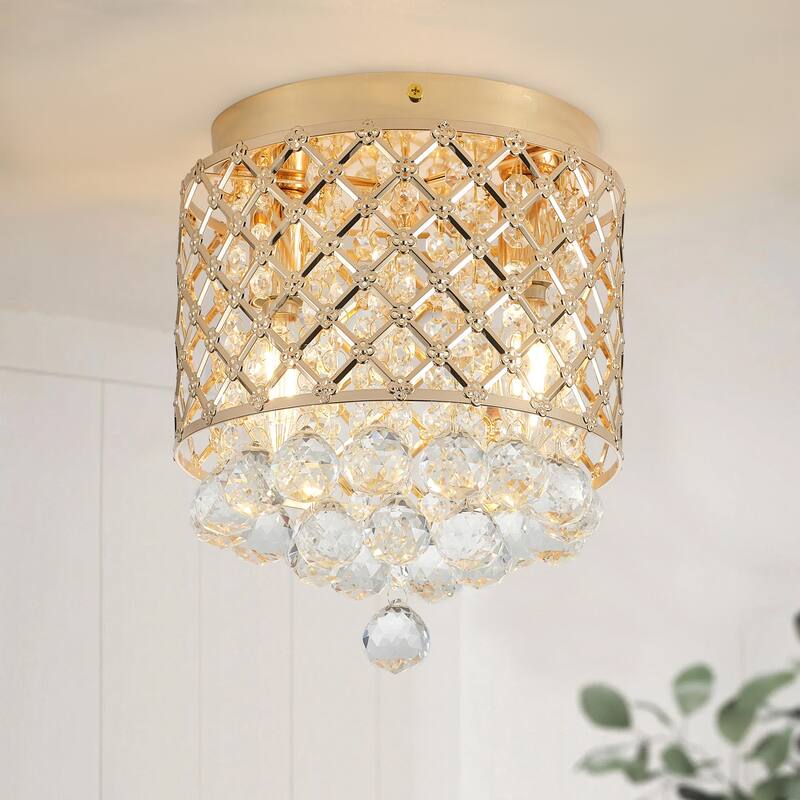 Modern Frech Gold 2-Light Clear Crystal Raindrop Flush Mount Ceiling Light