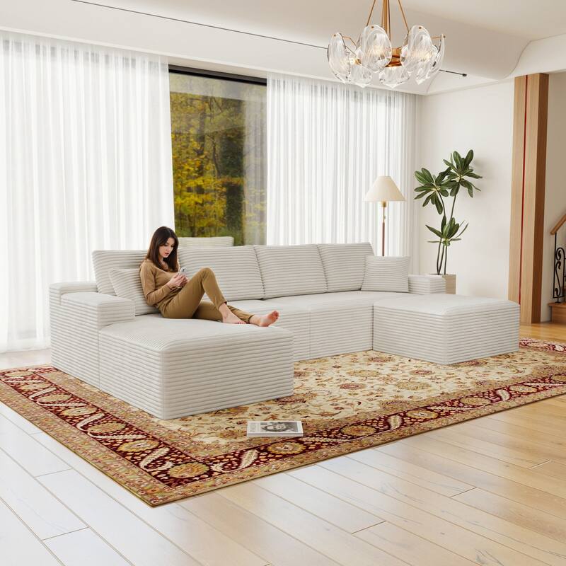 Roomfitters 131.9" Modular Sectional Sofa, 4-Piece Compressed Cloud Couch, No Assembly Required, Plush Corduroy, White