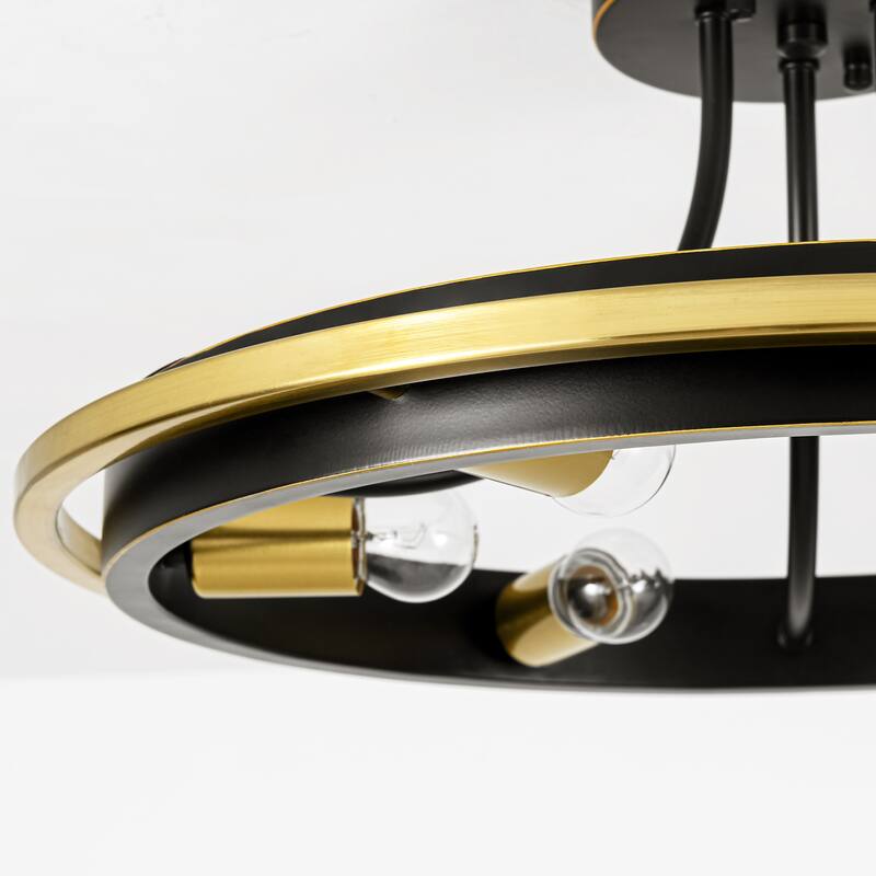 21.7" 6-Light Industrial Mette Black & Gold Wagon-Wheel Circle Ring Semi-Flush Mount Ceiling Light for Living Room, Kitchen