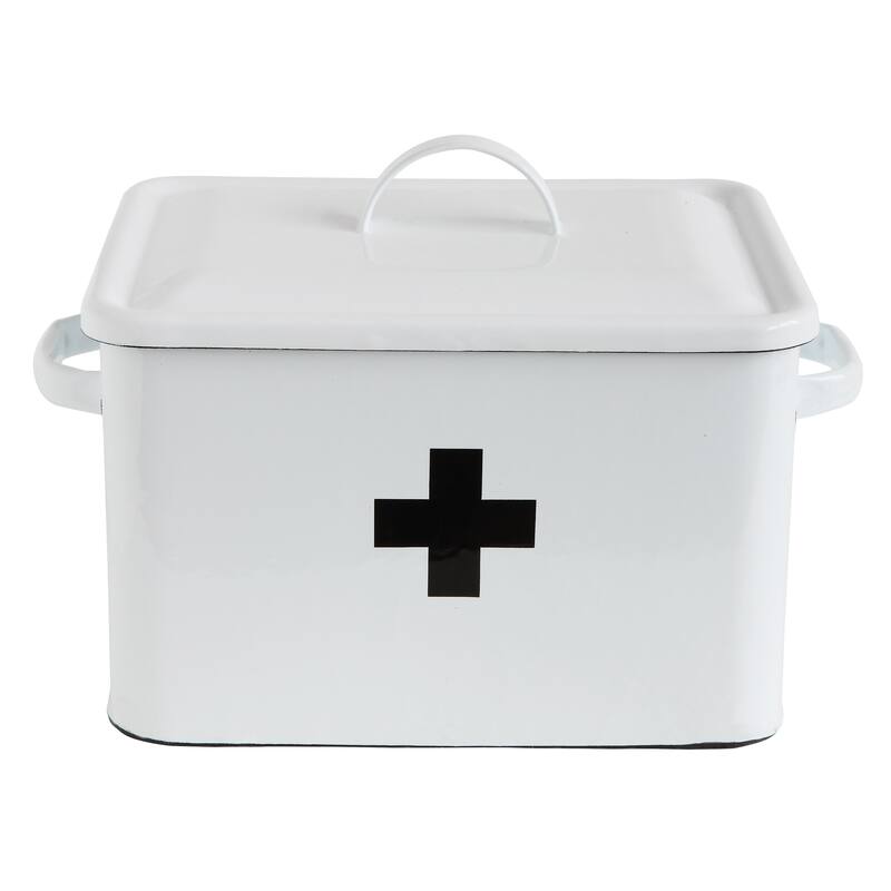 Enameled Metal First Aid Box with Lid and Swiss Cross - White