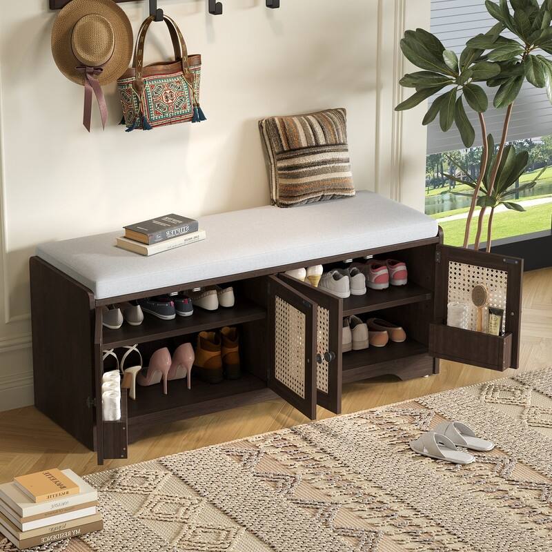 Rustic 47.4" Storage Bench Multifunctional Wooden Entryway Organizer with Removable Cushion and Rattan Doors