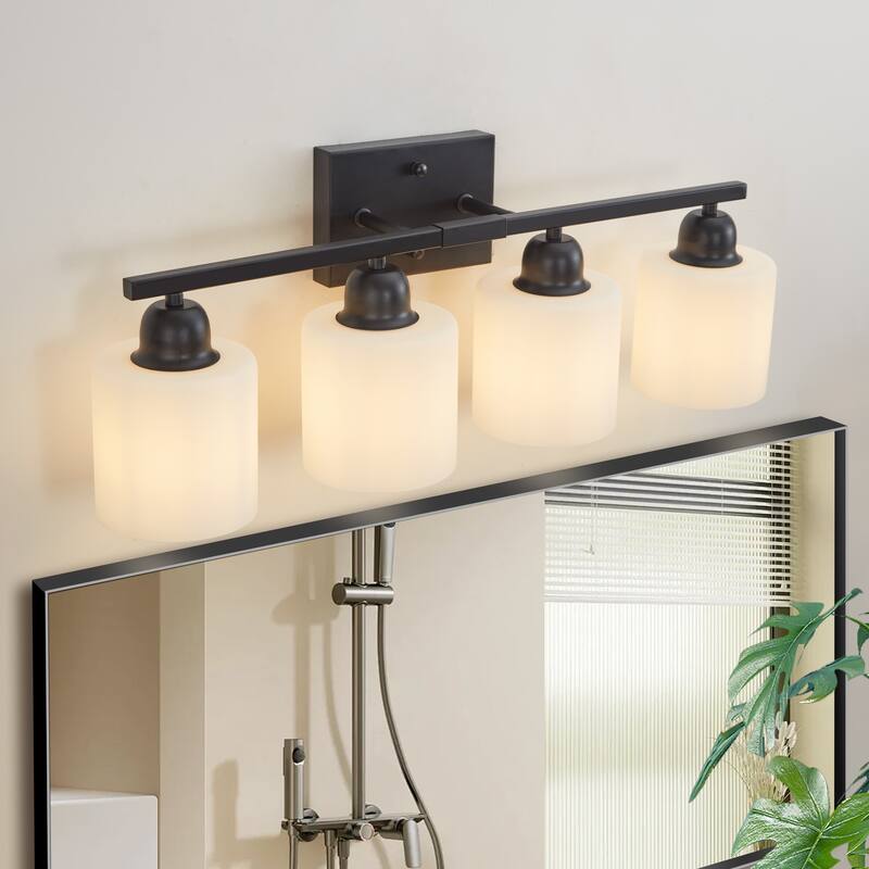 4-Light Black Bathroom Vanity - Milky Frosted Glass - E26 Socket