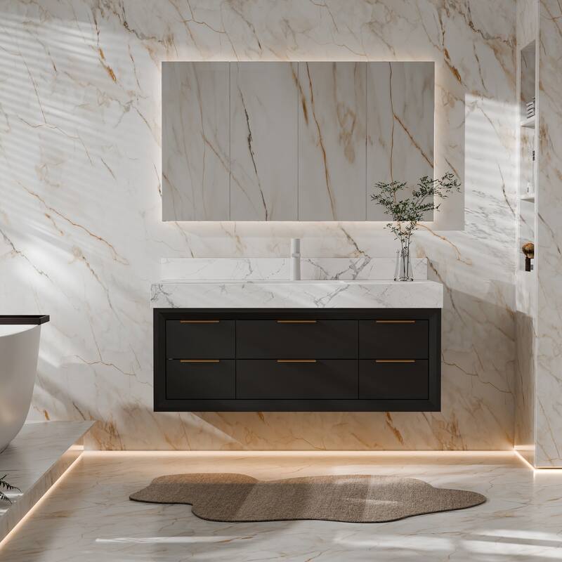 Modland 48" Modern Floating Bathroom Vanity with Single Sink, Soft-Close Drawers, White Stone Countertop - Black