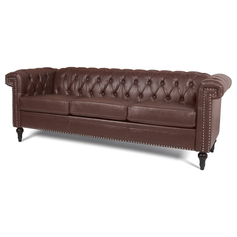 Classic 3 Seater Chesterfield Sofa with Removable Cushions, Durable PU Leather, and Wooden Legs