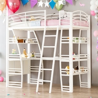 Twin Size Loft Bed With Shelves,Desk,Sockets,USB Ports,Wireless Charging