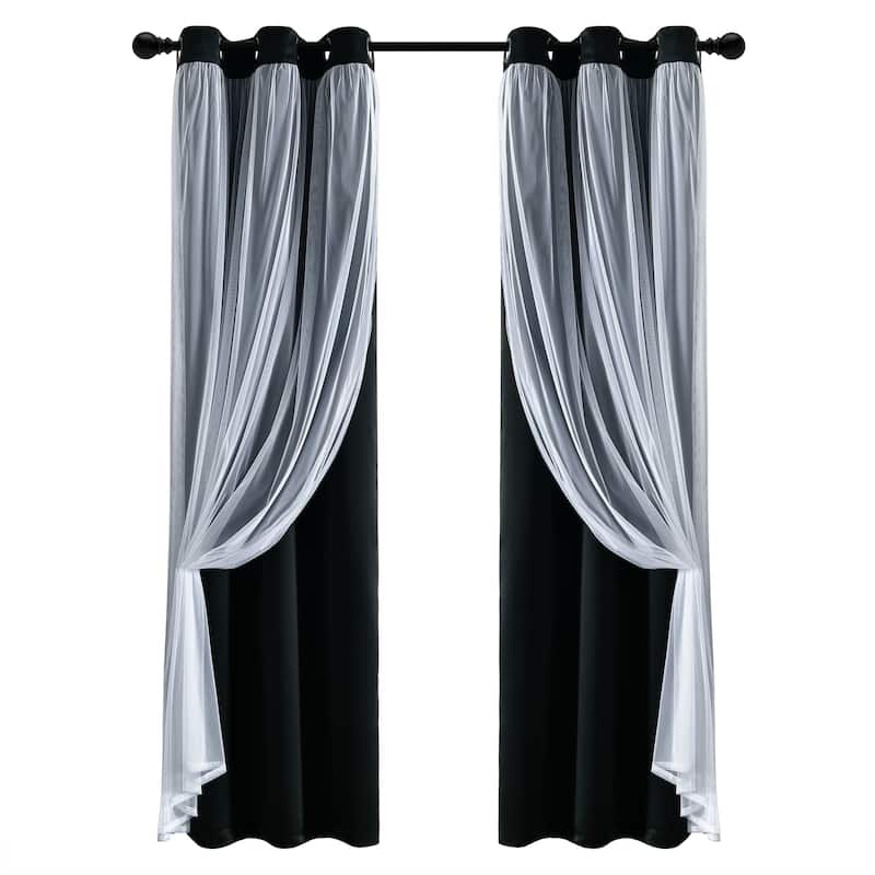 Lush Decor Grommet Sheer Panel Pair with Insulated Blackout Lining - 84" x 38" - Black