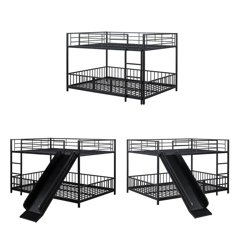 Full over Full Size Metal Bunk Bed with Slide and Guardrails