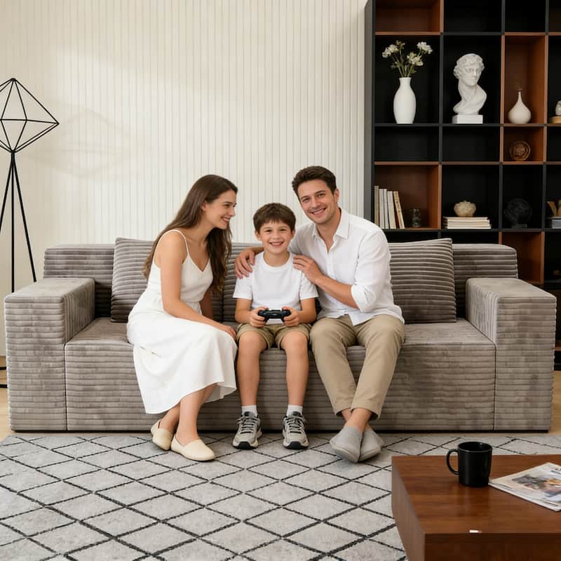 71" Corduroy Fabric 3-Seater Sectional Sofa, No Assembly Required