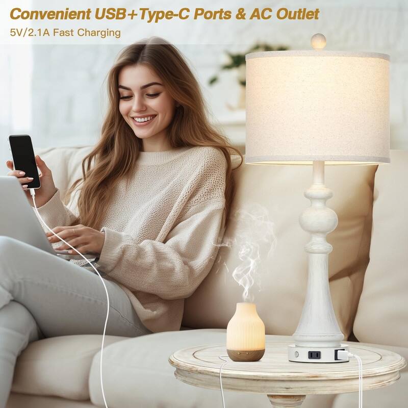 28" Farmhouse Table Lamp with USB A and C Fast Ports AC Outlets - 13"D x 13"W x 28"H