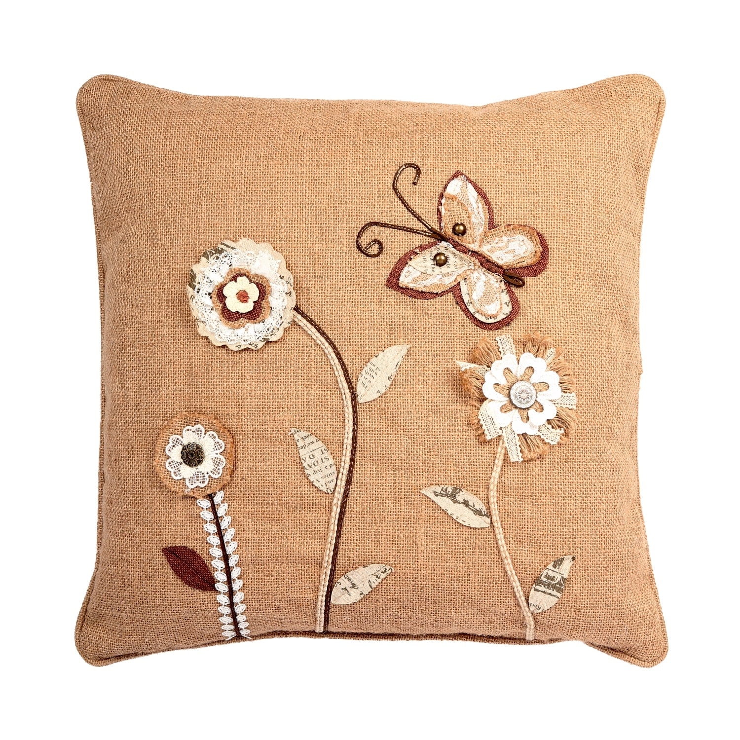 Flowers And Butterfly On Jute Pillow Cover