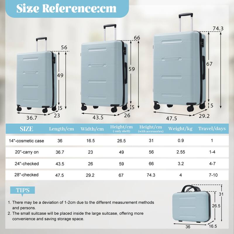 6 Piece Luggage Set, with Double Spinner Wheels Handle Password Lock, 14 IN Cosmetic Case 20/24/28 IN Luggages with Bag
