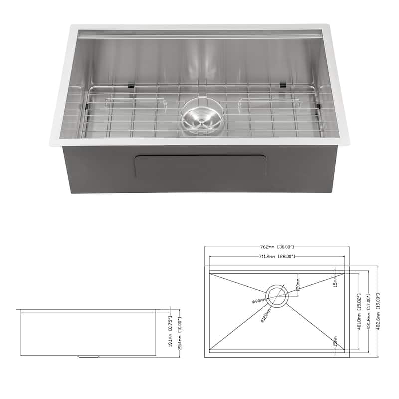 30" Undermount 16 Gauge Single Bowl Stainless Steel Kitchen Sink in Brushed Nickel - 30'' x 19'' x 10''