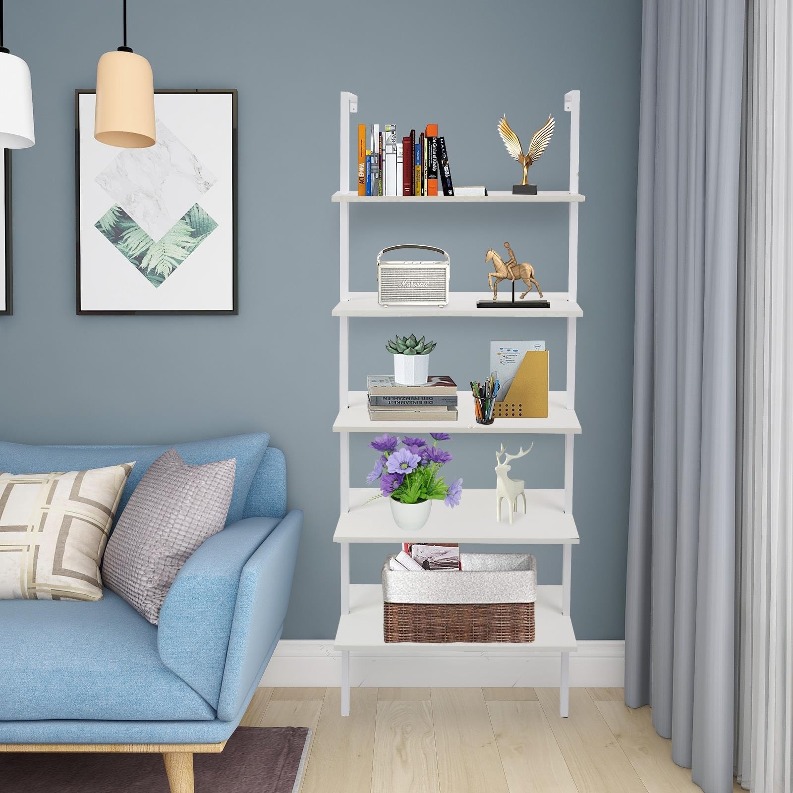 Industrial Wood Ladder Metal Frame Bookcase with 5-Shelf