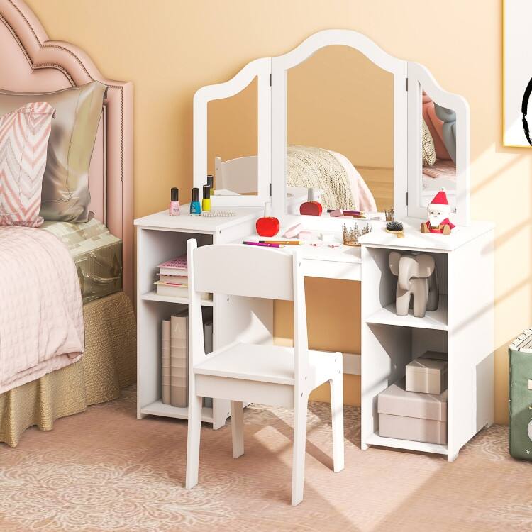 Kids Vanity Table and Chair Set with Removable Tri-Folding Mirror - 41" x 16" x 46"