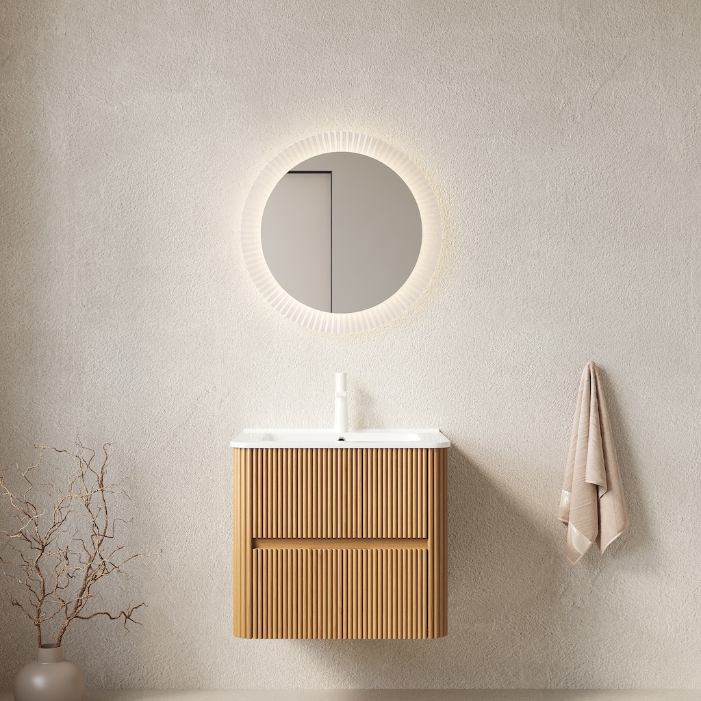 Wall-Mounted Bathroom Vanity in Walnut with Integrated White Ceramic Sink