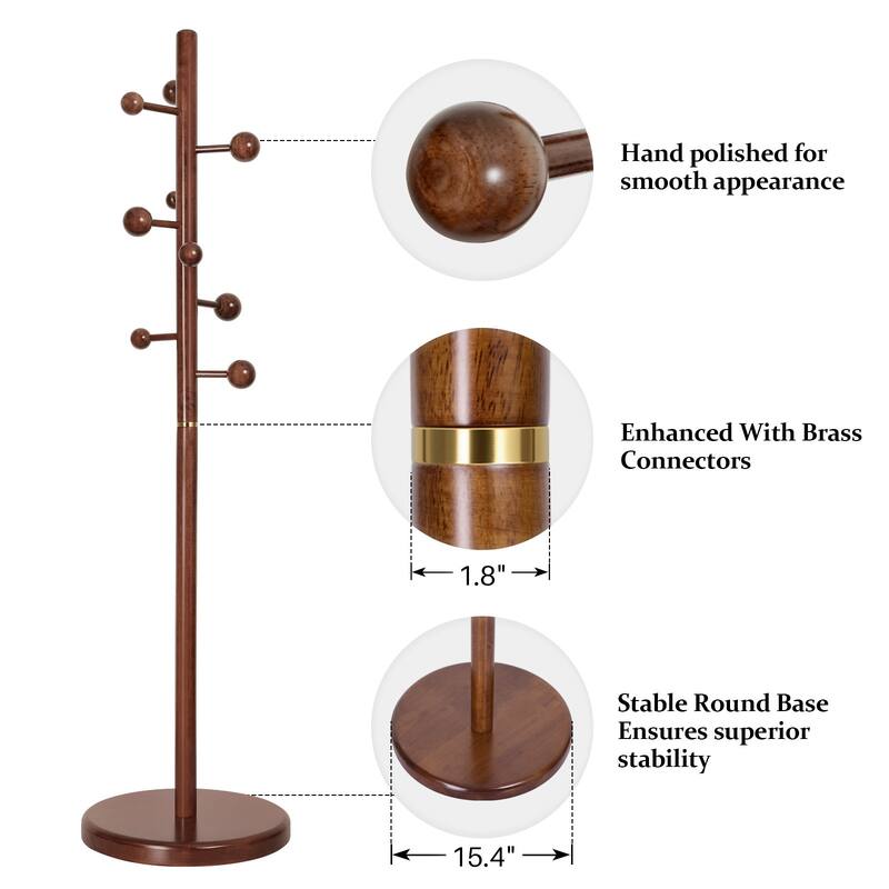 Solid Wood Coat Rack Freestanding Coat Tree Stand with 9 Hooks - 72.4"H x 15.4"W
