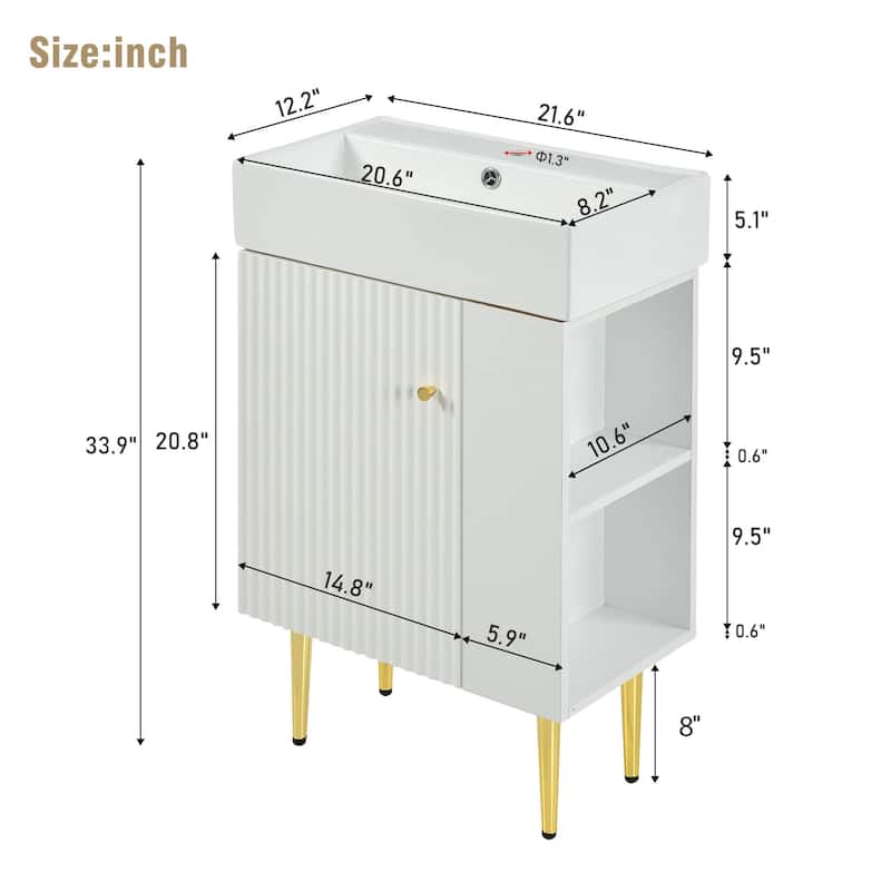 Anmytek 21.6 Inch White Bathroom Vanity Cabinet with Single Ceramic Sink and Right Side Storage