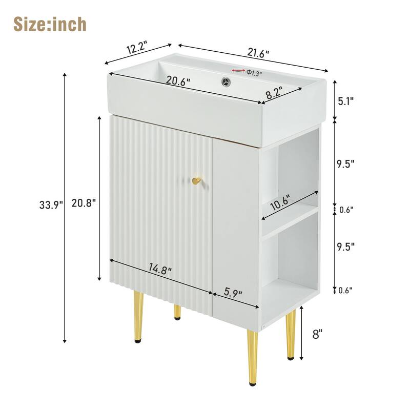 Modern 21.6" Bathroom Vanity with Ceramic Sink,Storage Cabinet with Right Side Storage