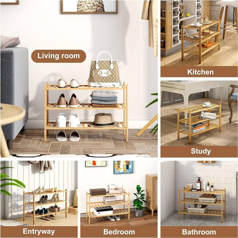 Bamboo Shoe Rack Stackable Shoe Shelf Storage Organizer for Unit Entryway - 11"D x 27"W x 18.3"H