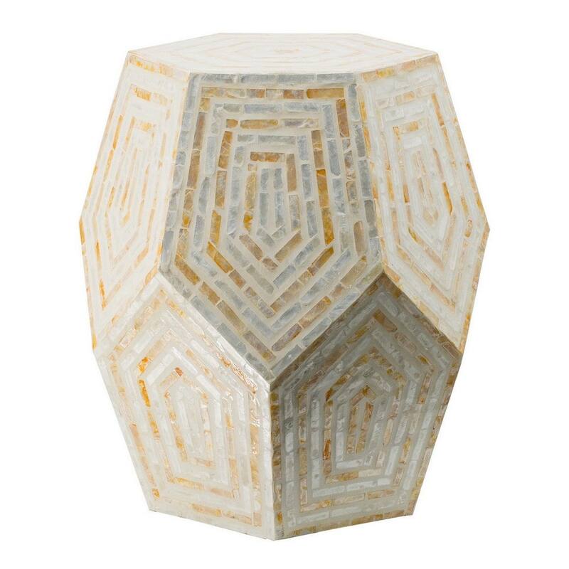 21 Inch Capiz Accent Stool Table, Hexagonal Drum, Angled Look, Beige White - 20.9 H x 18.1 W x 18.1 L - Off White