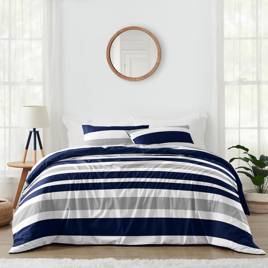 Sweet Jojo Designs Navy Blue/Grey Stripe Boy, Girl, Unisex/Gender Neutral King Duvet Cover Bedding Set - Classic, Modern Striped