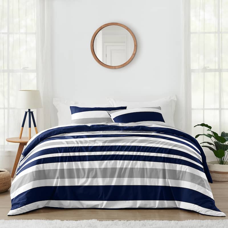 Sweet Jojo Designs Navy Blue/Grey Stripe Boy, Girl, Unisex/Gender Neutral Queen Duvet Cover Bedding Set - Classic Modern Striped