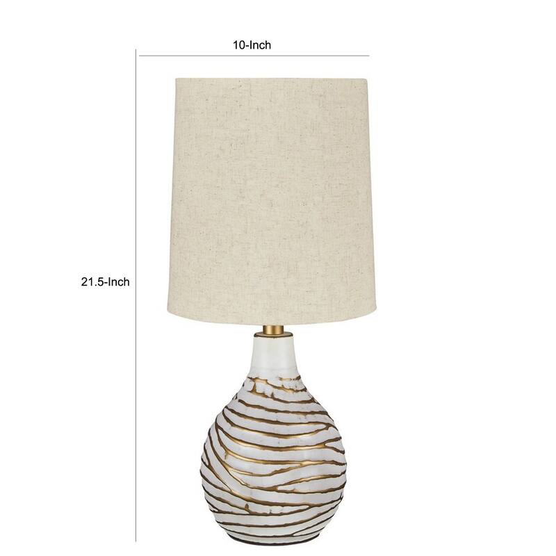 Pot Bellied Metal Table Lamp with Textured Golden Embellishment, White
