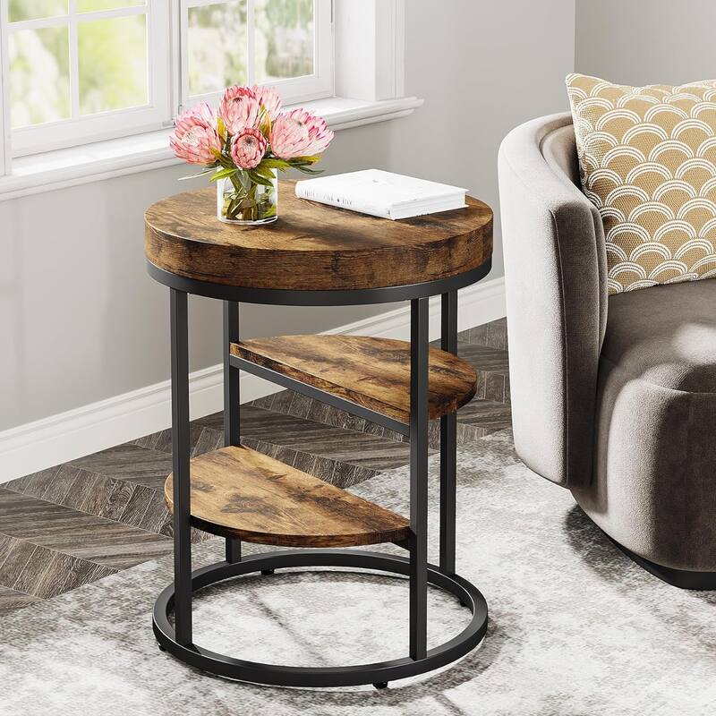 Round End Table, 3 Tiers Side Table with Storage for Living Room - 1PC - Brown