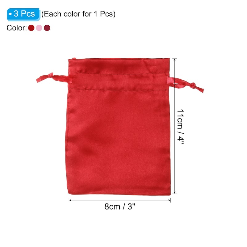 Satin Bags with Drawstring, 3Pack 3x4 Inch Wedding Favor Bags, 3 Color - 3x4 Inch - Red, Burgundy, Pink