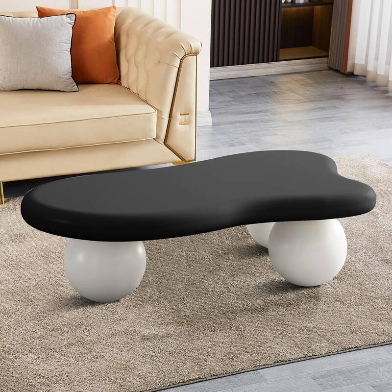 Modern Minimalist Cloud Coffee Table with Wood Legs for Bedrooms, Living Rooms and Lounges - Matte Black Top+Beige Ball Legs - 40"W x 26.8"D x 11.7"H