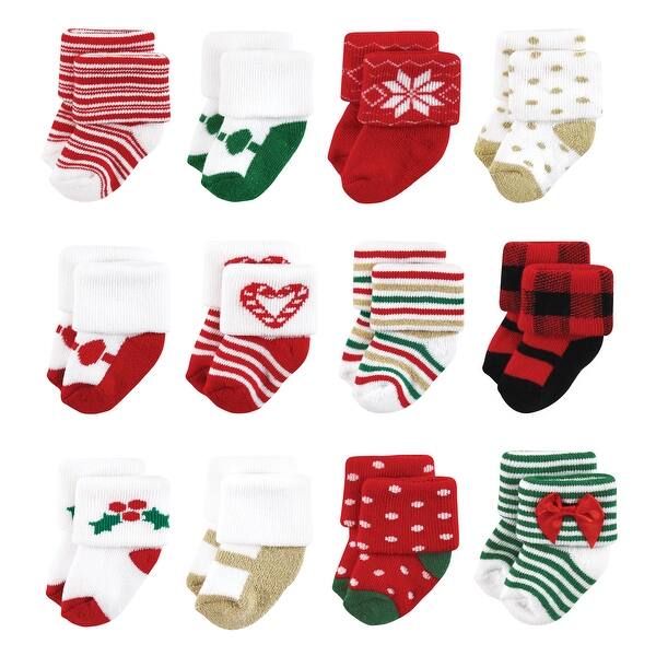 slide 1 of 1, Hudson Baby Infant Girls Cotton Rich Newborn and Terry Socks, 12 Days Of Christmas Girl 12 Days Of Christmas Girl - 12-24 Months