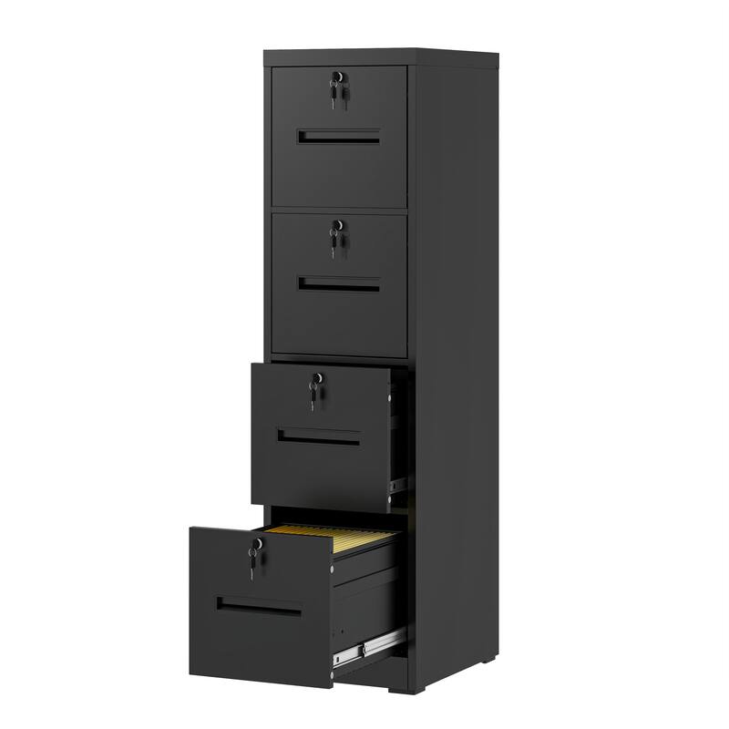 Modern 4-Drawer Vertical Black Filing Cabinet with Locking, Silent Slides and Adjustable Hanging Rod, for Home Office