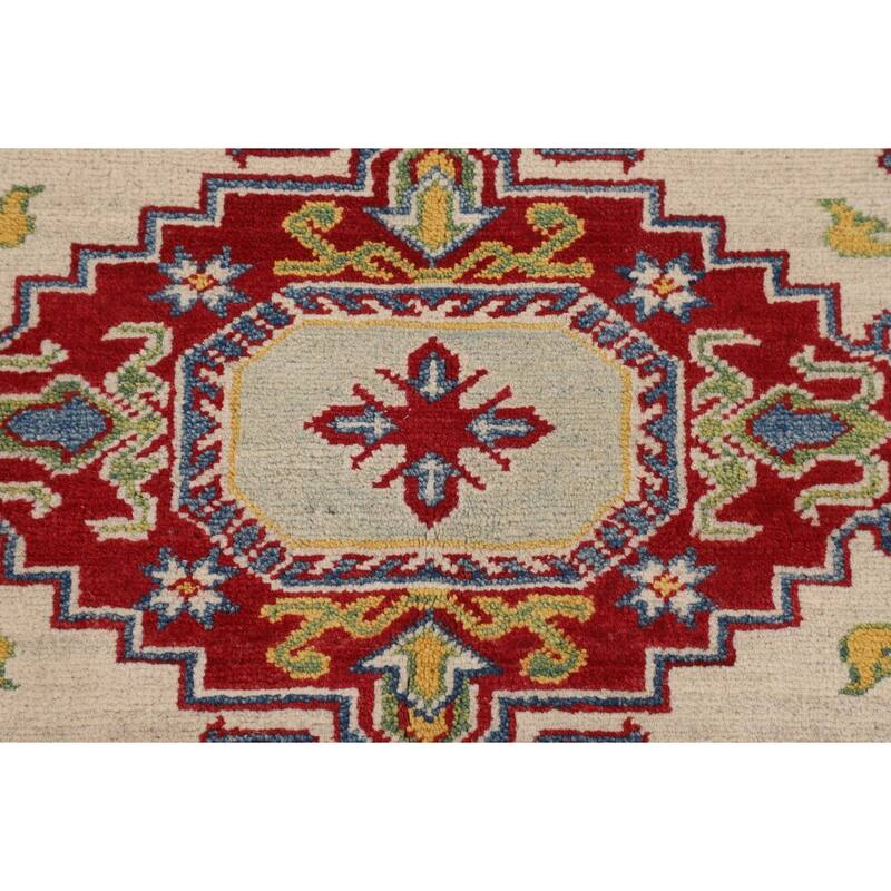 Beige Geometric Kazak Oriental Area Rug Hand-Knotted Wool Carpet - 5'1" x 6'6"