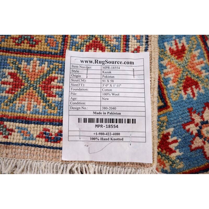 Kazak Oriental Accent Rug Hand-Knotted Wool Carpet - 1'11" x 3'0"