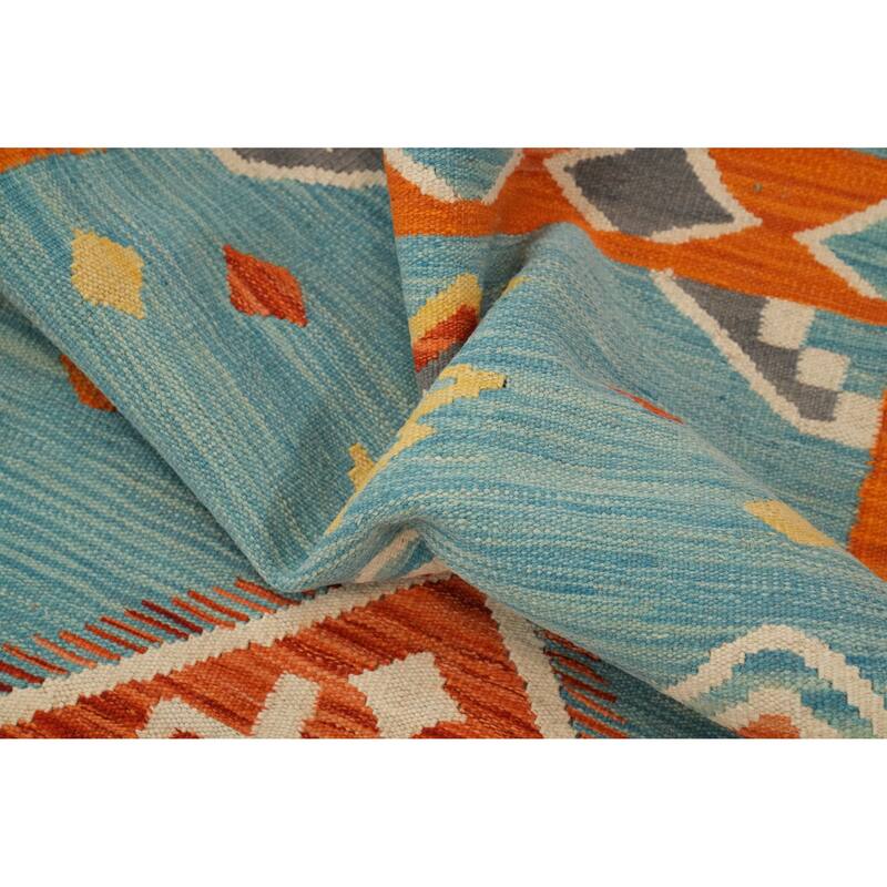 Hand Woven Oriental 100% Wool Carpet Southwestern Tribal Navy Blue & Blues Kilim Runner Rug - 9' 11'' X 2' 10''
