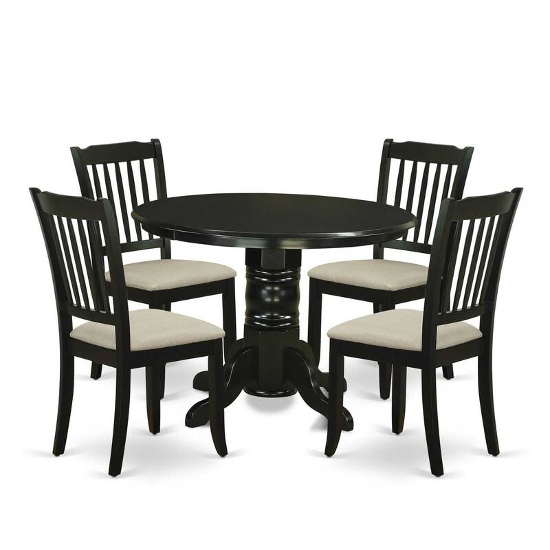 HomeStock 5-Piece Round Black Finish Solid Wood Top Dining table with 4-Chairs with Slat Back