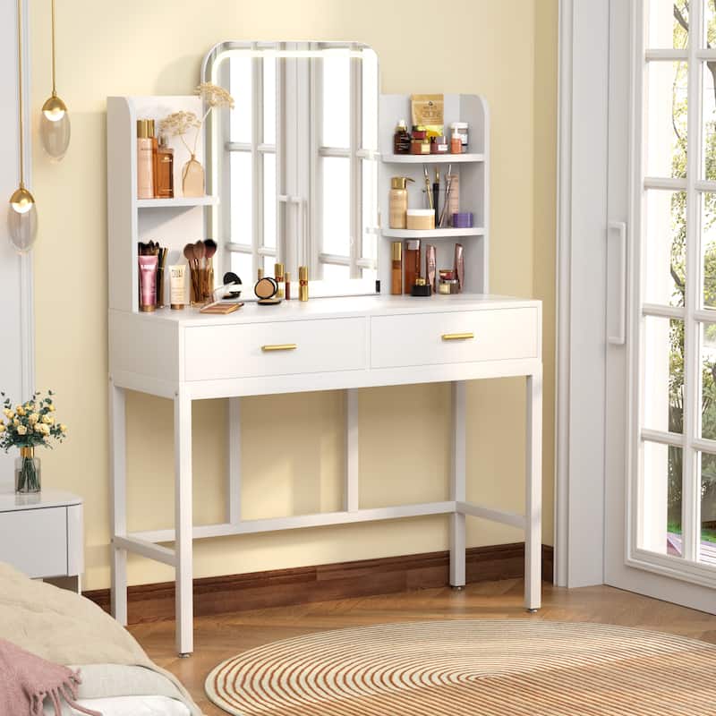Vanity Table with LED Mirror, Kid's Makeup Vanity Desk with 2 Storage Drawers