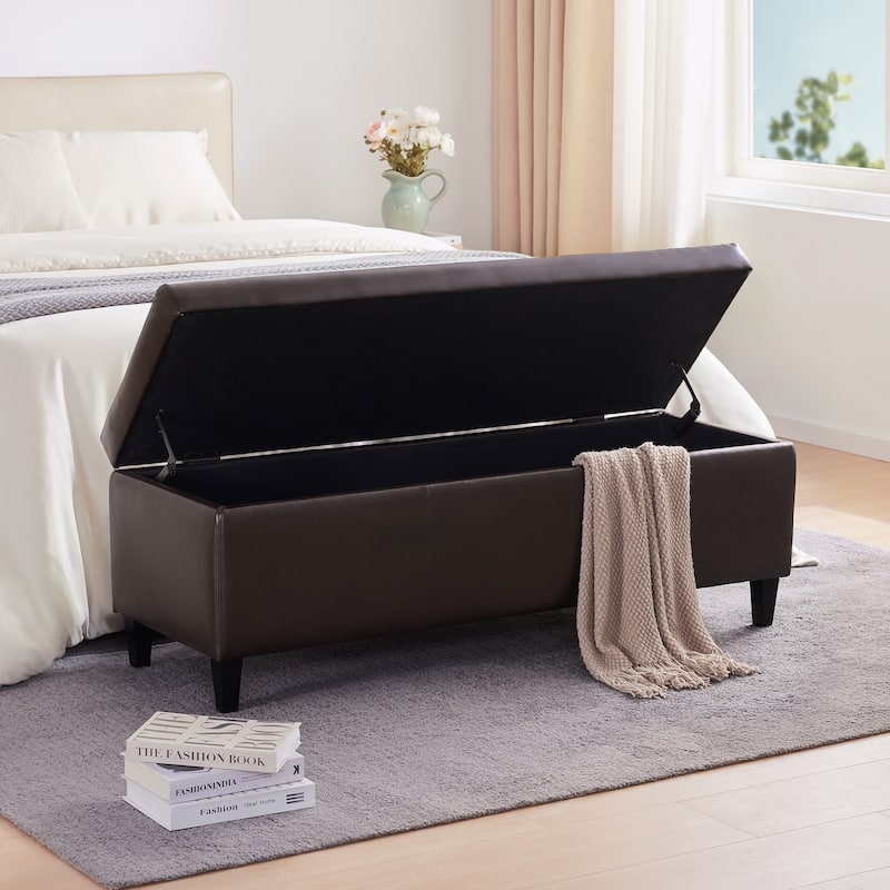 50.3" x 17.50" x 18" Upholstered Rectangular Storage Ottoman-Faux Leather - Brown